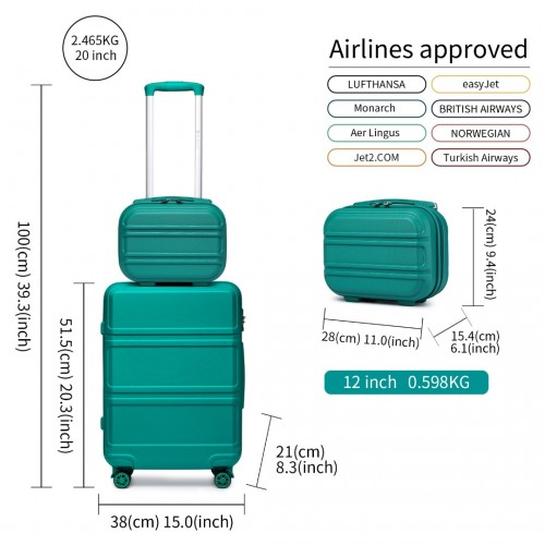 Kono ABS 4 Wheel Suitcase Set with Vanity Case - Teal
