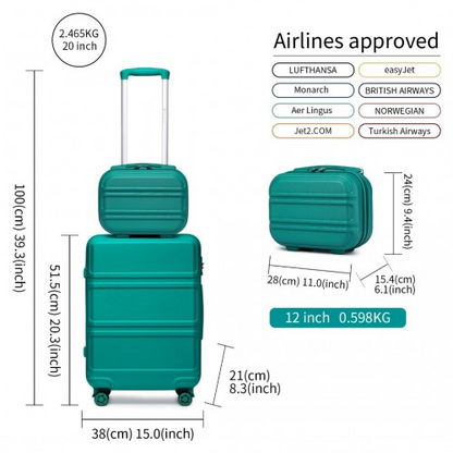 Kono ABS 4 Wheel Suitcase Set with Vanity Case - Teal