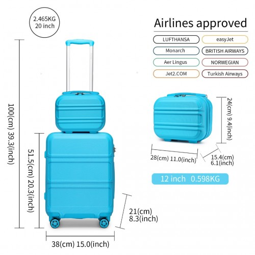 Kono ABS 4 Wheel Suitcase Set with Vanity Case - Blue - Durable Travel Luggage