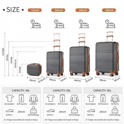 K1871-1L - Kono ABS Sculpted Horizontal Design 4 Pcs Suitcase Set With Vanity Case - Grey And Brown