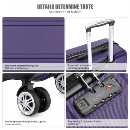 Kono ABS 24 Inch Sculpted Horizontal Design Suitcase - Durable & Stylish Purple Luggage with TSA Lock & 360° Swivel Wheels