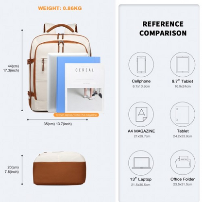 Kono Premium Carry-On Travel Backpack with Suitcase-Style Opening - High-Capacity Cabin Bag, Beige and Brown