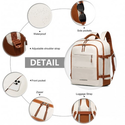 Kono Premium Carry-On Travel Backpack with Suitcase-Style Opening - High-Capacity Cabin Bag, Beige and Brown