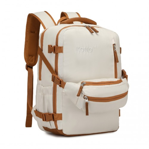 Kono Ultimate Traveler's Backpack with Detachable Waist Pack and USB/Type-C Ports - Beige/Brown