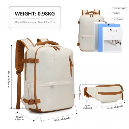 Kono Ultimate Traveler's Backpack with Detachable Waist Pack and USB/Type-C Ports - Beige/Brown
