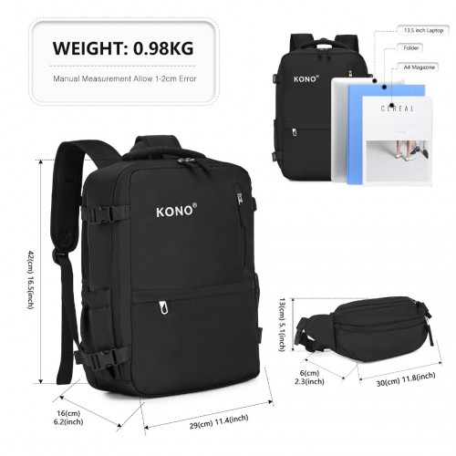 Kono Ultimate Traveler's Backpack with Detachable Waist Pack & Charging Ports - Black
