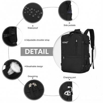 Kono Ultimate Traveler's Backpack with Detachable Waist Pack & Charging Ports - Black