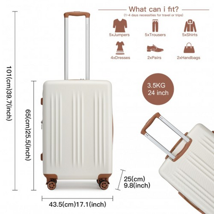 Kono 24 Inch Sleek Striped Check-In Suitcase - Expandable Durable ABS+PC Luggage with Four Spinner Wheels, TSA Lock - Cream And Brown
