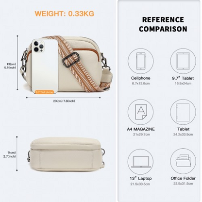 Miss Lulu Elegant Genuine Leather Crossbody Shoulder Bag with Jacquard Woven Strap - Beige And Brown | Stylish & Durable Women's Handbag