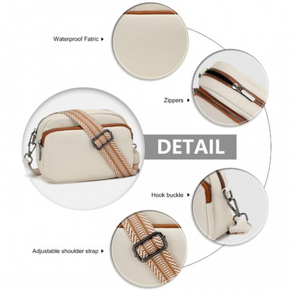 Miss Lulu Elegant Genuine Leather Crossbody Shoulder Bag with Jacquard Woven Strap - Beige And Brown | Stylish & Durable Women's Handbag