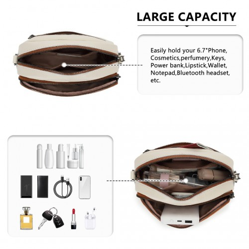 Miss Lulu Elegant Genuine Leather Crossbody Shoulder Bag with Jacquard Woven Strap - Beige And Brown | Stylish & Durable Women's Handbag