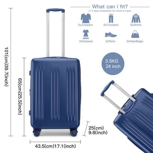 Kono 24 Inch Sleek Striped Check-In Suitcase - Expandable Durable ABS+PC Luggage with Spinner Wheels & TSA Lock - Navy
