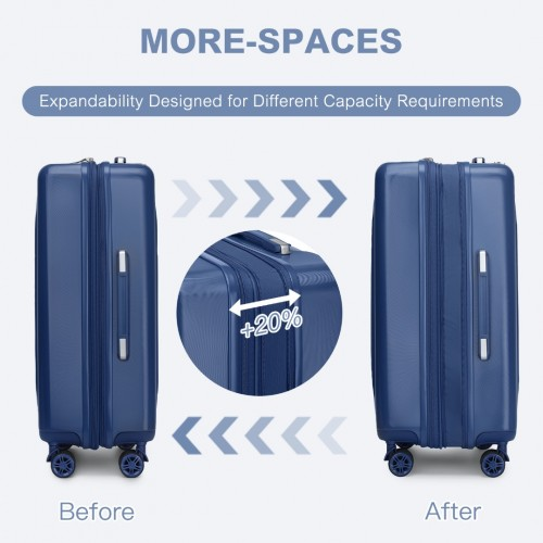Kono 24 Inch Sleek Striped Check-In Suitcase - Expandable Durable ABS+PC Luggage with Spinner Wheels & TSA Lock - Navy