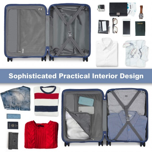 Kono 24 Inch Sleek Striped Check-In Suitcase - Expandable Durable ABS+PC Luggage with Spinner Wheels & TSA Lock - Navy