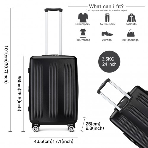 Kono 24 Inch Check-In Suitcase – Sleek, Striped, Expandable & Durable with TSA Lock and Spinner Wheels - Black