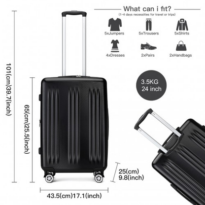 Kono 24 Inch Check-In Suitcase – Sleek, Striped, Expandable & Durable with TSA Lock and Spinner Wheels - Black