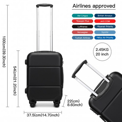 Kono 20 Inch Premium ABS Cabin Carry-On Suitcase with Secure Combination Lock - Black