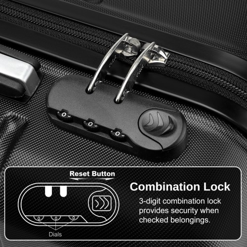 Kono 20 Inch Premium ABS Cabin Carry-On Suitcase with Secure Combination Lock - Black