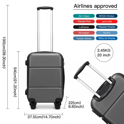 Kono 20 Inch Premium ABS Cabin Carry-On Suitcase with Secure Combination Lock - Grey and Black