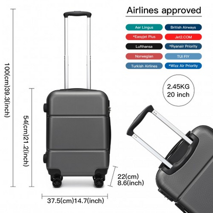 Kono 20 Inch Premium ABS Cabin Carry-On Suitcase with Secure Combination Lock - Grey and Black