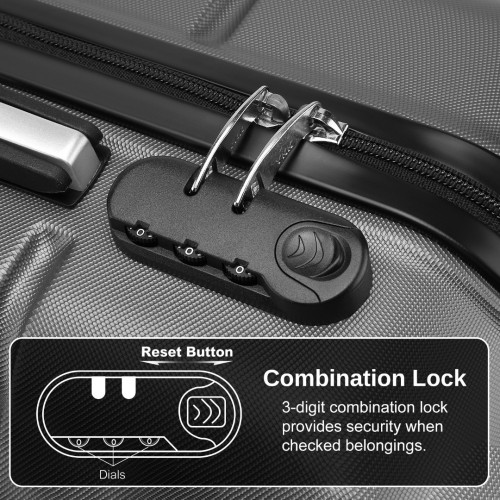 Kono 20 Inch Premium ABS Cabin Carry-On Suitcase with Secure Combination Lock - Grey and Black