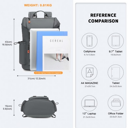 Kono Advanced Leisure Backpack with Reflective Safety Features, USB Charging, and Dedicated Laptop Sleeve - Grey