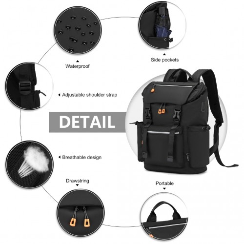 Kono Advanced Leisure Backpack with Reflective Safety Features, USB Charging, and Laptop Sleeve - Black