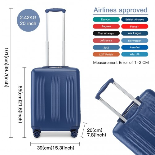 Kono 20 Inch Sleek Striped Carry-On Suitcase - Durable ABS+PC Luggage with Four Spinner Wheels and TSA Lock - Navy