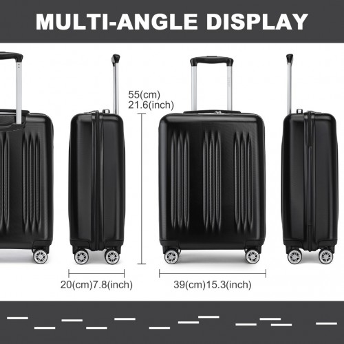 Kono 20 Inch Sleek Striped Carry-On Suitcase - Durable ABS+PC Luggage with Four Spinner Wheels and TSA Lock - Black