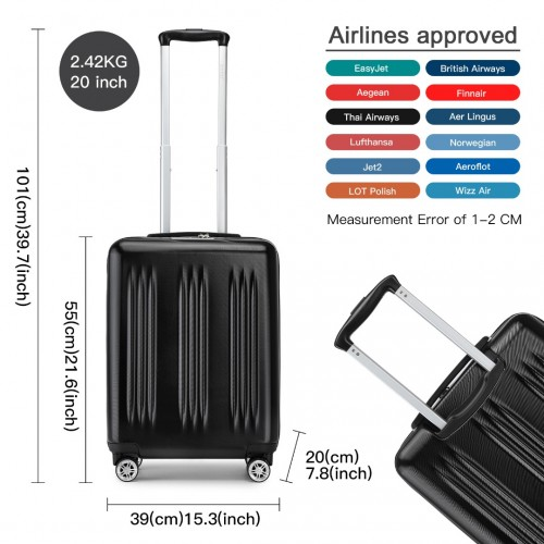 Kono 20 Inch Sleek Striped Carry-On Suitcase - Durable ABS+PC Luggage with Four Spinner Wheels and TSA Lock - Black