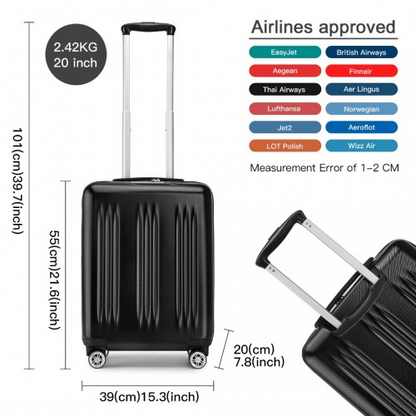 Kono 20 Inch Sleek Striped Carry-On Suitcase - Durable ABS+PC Luggage with Four Spinner Wheels and TSA Lock - Black