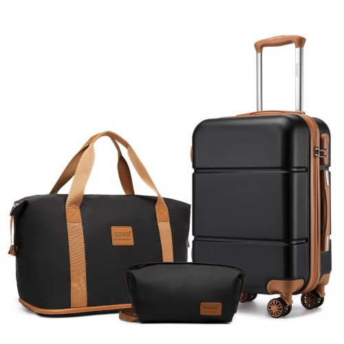 Kono 20 Inch Premium ABS Cabin Carry-On Suitcase Set With Weekend Bag And Toiletry Bag - Black And Brown