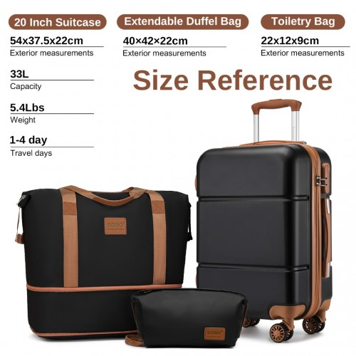 Kono 20 Inch Premium ABS Cabin Carry-On Suitcase Set With Weekend Bag And Toiletry Bag - Black And Brown