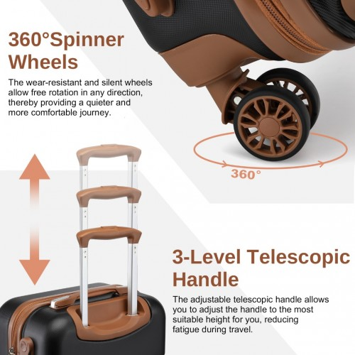 Kono 20 Inch Premium ABS Cabin Carry-On Suitcase Set With Weekend Bag And Toiletry Bag - Black And Brown