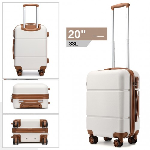Kono 20 Inch Premium ABS Carry-On Suitcase with Combination Lock - Cream & Brown