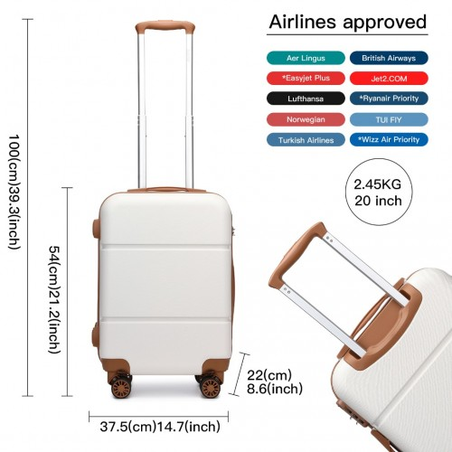 Kono 20 Inch Premium ABS Carry-On Suitcase with Combination Lock - Cream & Brown