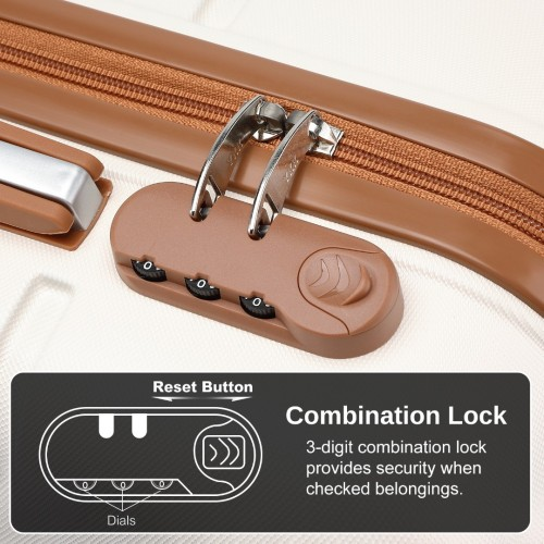 Kono 20 Inch Premium ABS Carry-On Suitcase with Combination Lock - Cream & Brown