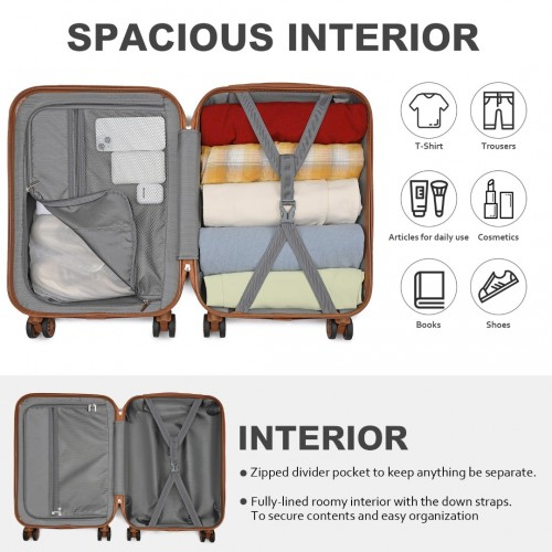 Kono 20 Inch Premium ABS Carry-On Suitcase with Combination Lock - Cream & Brown