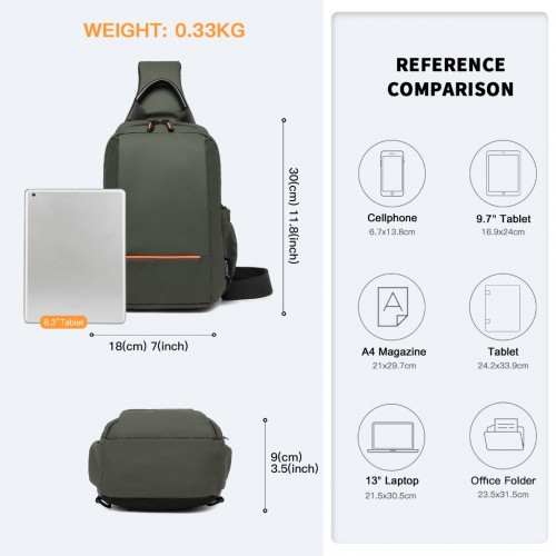 Kono Green Water-Resistant Ultra-Thin Lightweight Sling Chest Bag with Reflective Trim for Safe Night Travel