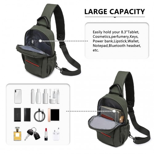 Kono Green Water-Resistant Ultra-Thin Lightweight Sling Chest Bag with Reflective Trim for Safe Night Travel