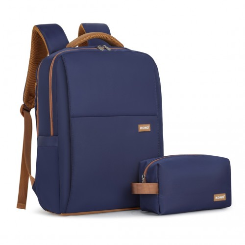 Kono Water-Resistant Laptop Backpack with USB Charging Business Rucksack - 2 Pc Set - Navy & Brown