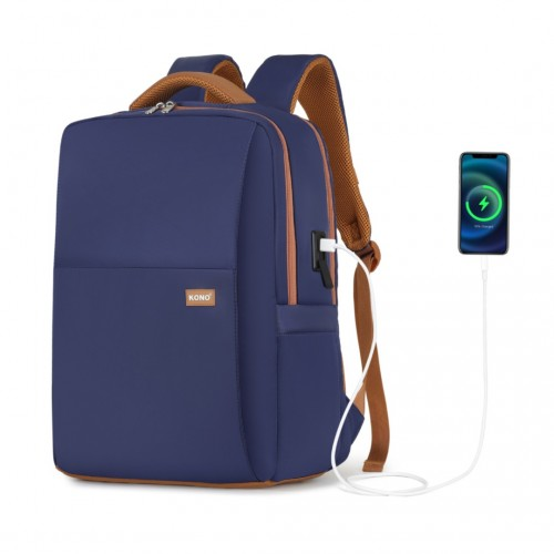 Kono Water-Resistant Laptop Backpack with USB Charging Business Rucksack - 2 Pc Set - Navy & Brown
