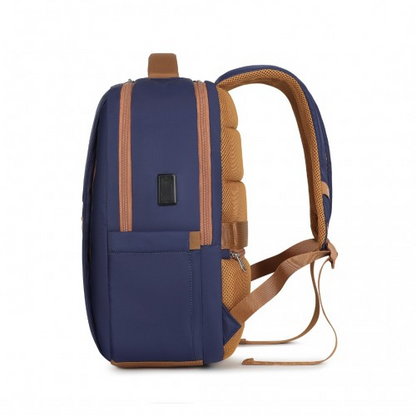 Kono Water-Resistant Laptop Backpack with USB Charging Business Rucksack - 2 Pc Set - Navy & Brown