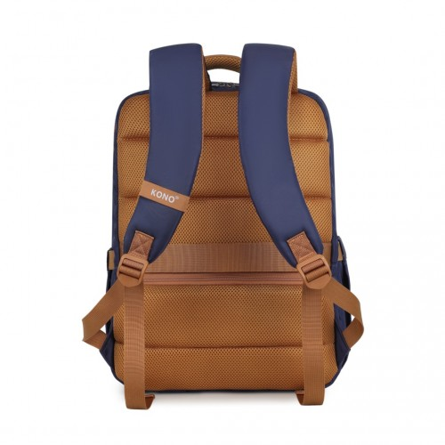 Kono Water-Resistant Laptop Backpack with USB Charging Business Rucksack - 2 Pc Set - Navy & Brown