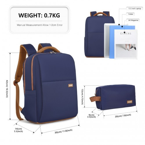 Kono Water-Resistant Laptop Backpack with USB Charging Business Rucksack - 2 Pc Set - Navy & Brown