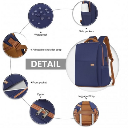 Kono Water-Resistant Laptop Backpack with USB Charging Business Rucksack - 2 Pc Set - Navy & Brown