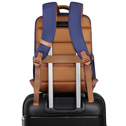 Kono Water-Resistant Laptop Backpack with USB Charging Business Rucksack - 2 Pc Set - Navy & Brown