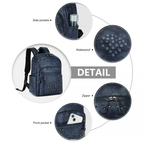 Miss Lulu Fashion PU Leather Skull Studded Backpack - Urban Chic Rock Style City Backpack - Navy