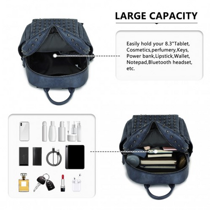 Miss Lulu Fashion PU Leather Skull Studded Backpack - Urban Chic Rock Style City Backpack - Navy