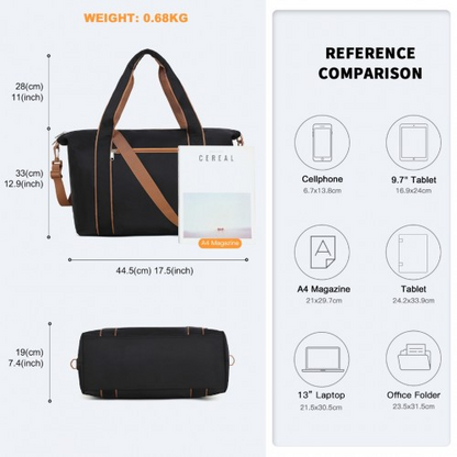 Kono Lightweight Waterproof Weekender Tote Bag - Foldable Cabin Flight Duffel, Ideal for Underseat Carry-On Travel - Black and Brown